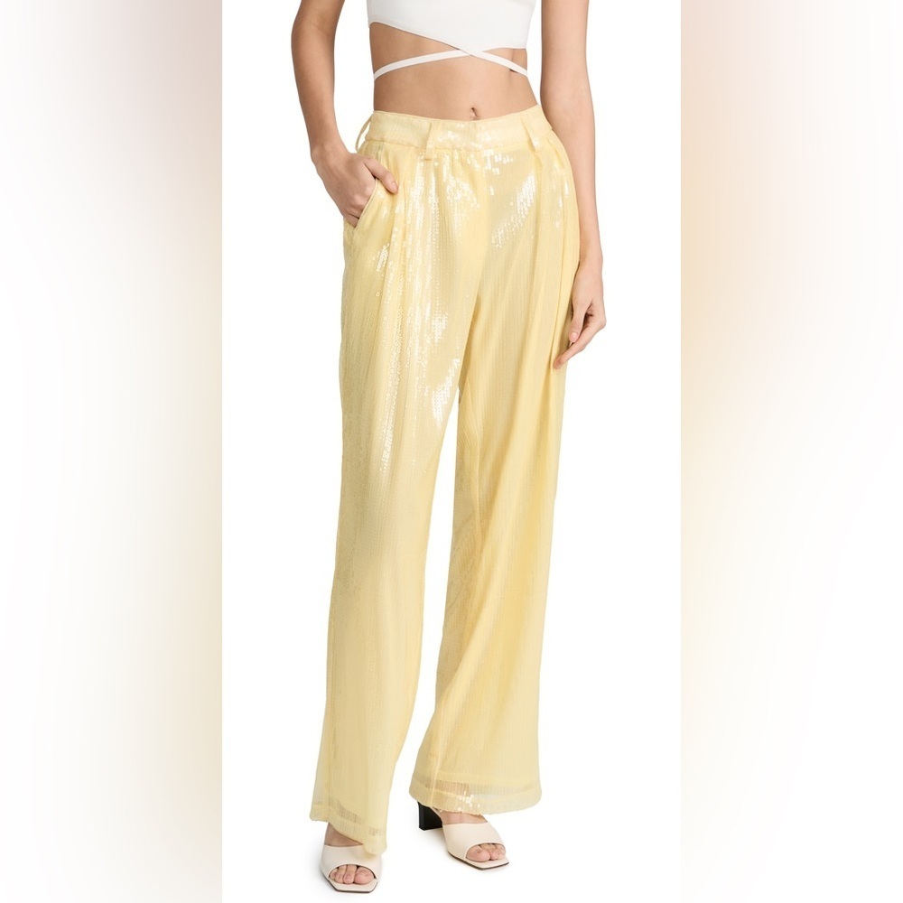 New Staud Luisa Pleated Sequined Wide Leg Pants In Yellow Sz 12